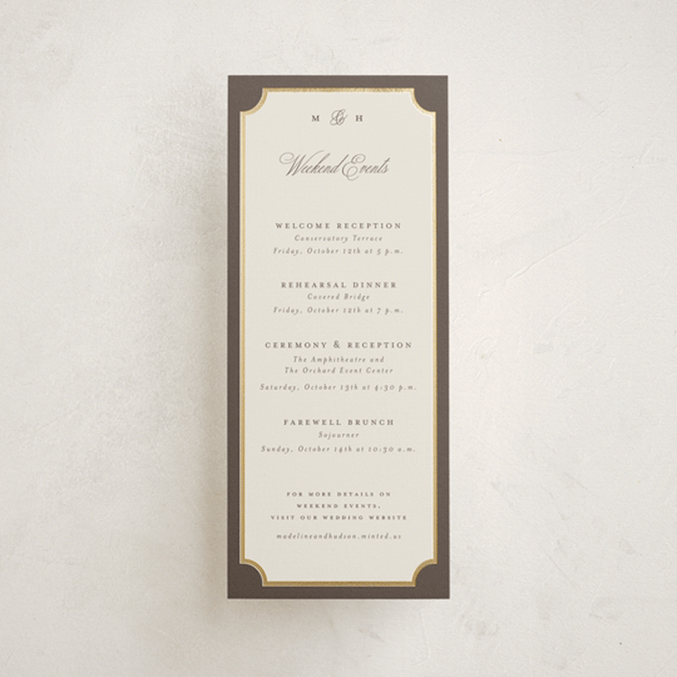 "Arch Frame" - Wedding Weekend Itinerary Cards in Cognac by Emily Betts - Front
