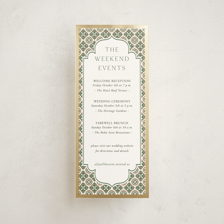 "Kareem" - Wedding Weekend Itinerary Cards in Evergreen by Oma N. Ramkhelawan - Front