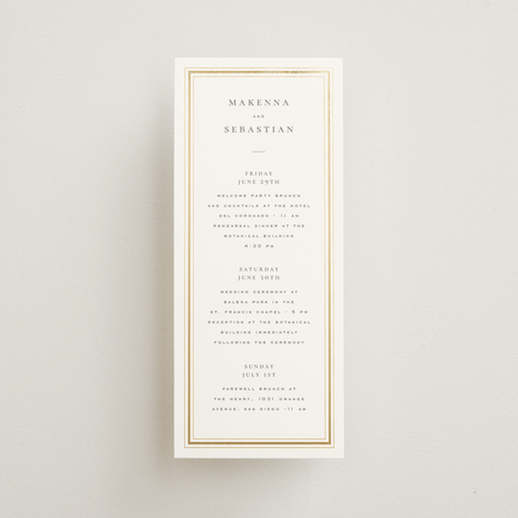 "Hampton" - Wedding Weekend Itinerary Cards in Chantilly by Wildfield Paper Co - Front