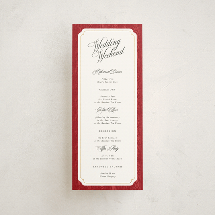 "Moiré" - Wedding Weekend Itinerary Cards in Crimson by Studio Suku - Front