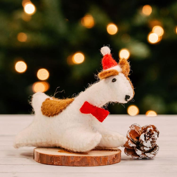 "Felt Dog Holiday Figurine" - Christmas Decorations in white by Aahlada Chennupati