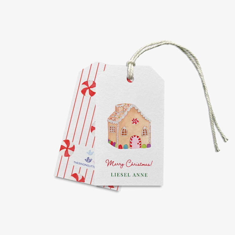 "Personalized Gingerbread House Gift Tags (Set of 24)" - Holiday Gift Tags in red by Liesel Anne