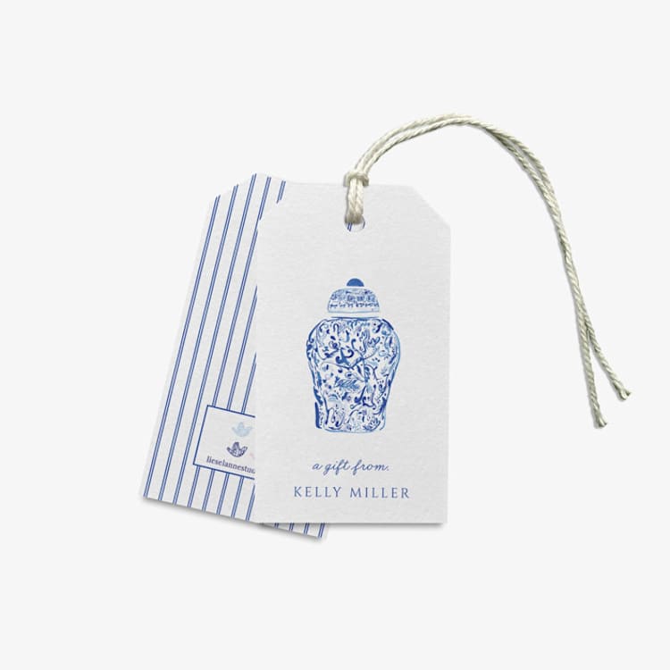 "Personalized Ginger Jar Gift Tags" - Holiday Gift Tags in blue by Liesel Anne