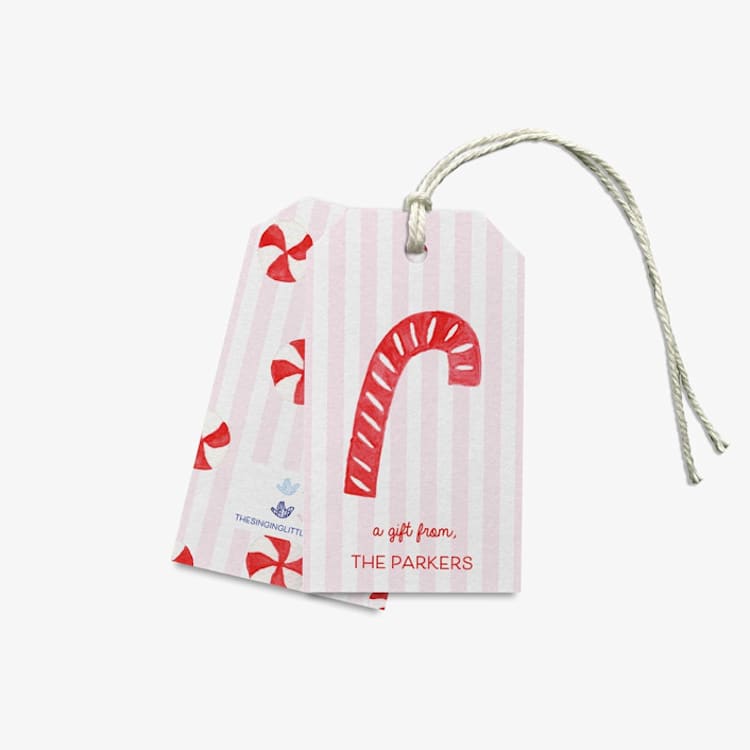 "Personalized Pink Striped Candy Cane Christmas Gift Tags (Set of 24)" - Holiday Gift Tags in pink by Liesel Anne