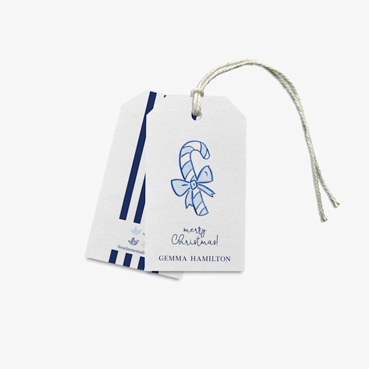"Custom Blue Candy Cane Gift Tags (Set of 24)" - Holiday Gift Tags in blue by Liesel Anne