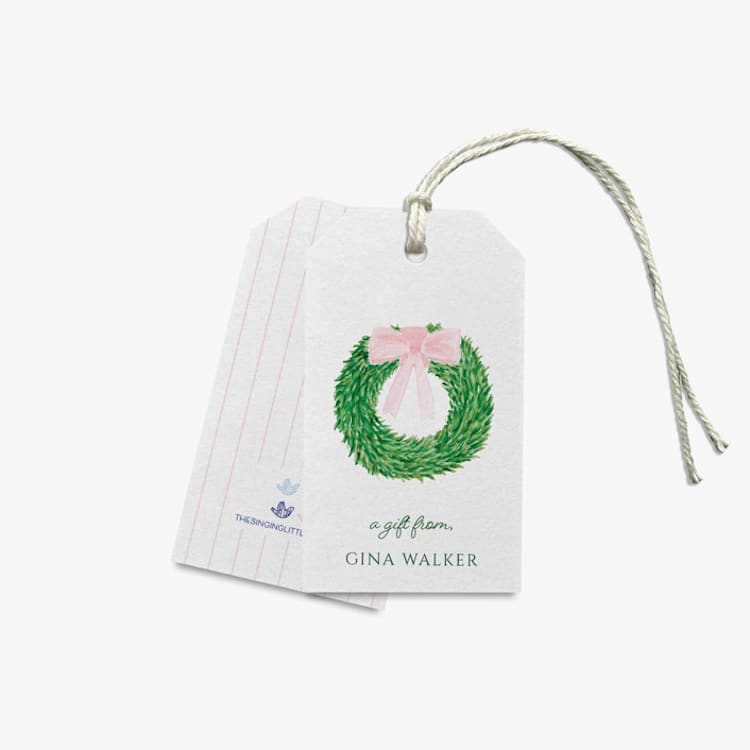 "Personalized Wreath with Pink Bow Gift Tags (Set of 24)" - Holiday Gift Tags in green by Liesel Anne