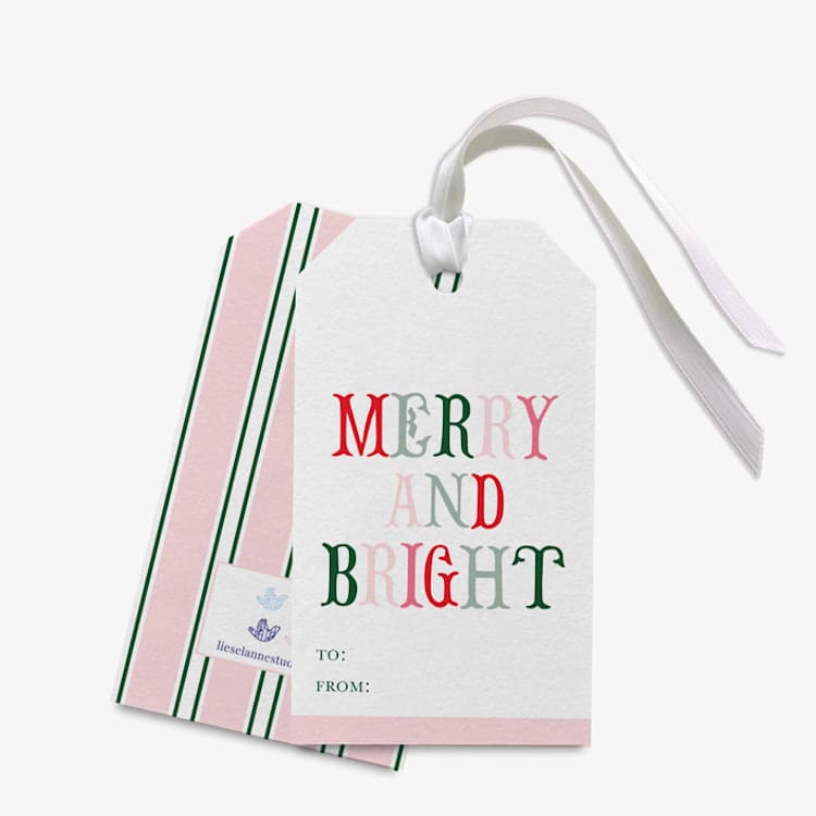 "Merry and Bright Christmas Gift Tags (Set of 24)" - Holiday Gift Tags in pink by Liesel Anne