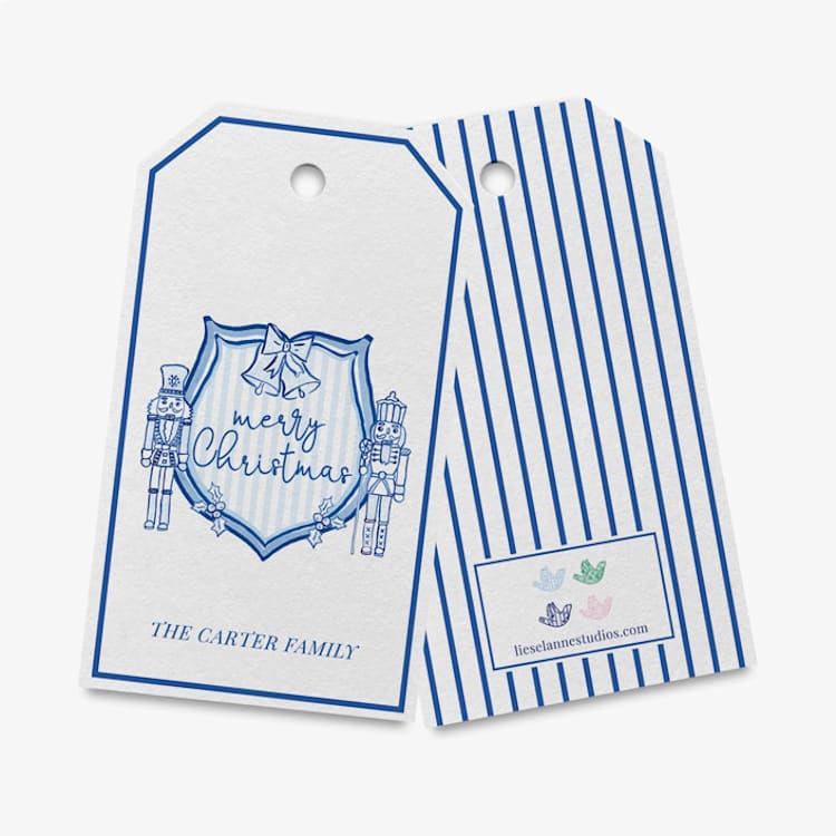 "Personalized Blue Nutcracker Christmas Crest Gift Tags (Set of 24)" - Holiday Gift Tags in blue by Liesel Anne