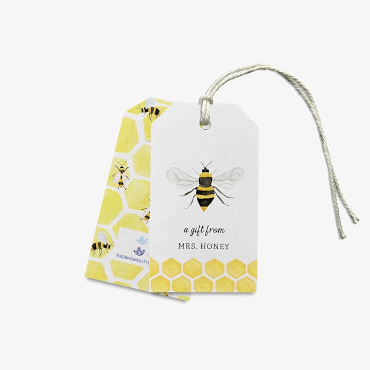 "Personalized Bee Gift Tags (Set of 24)" - Holiday Gift Tags in yellow by Liesel Anne