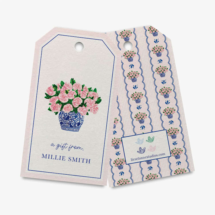 "Personalized Peonies in Ginger Jar Gift Tags (Set of 24)" - Holiday Gift Tags in pink by Liesel Anne