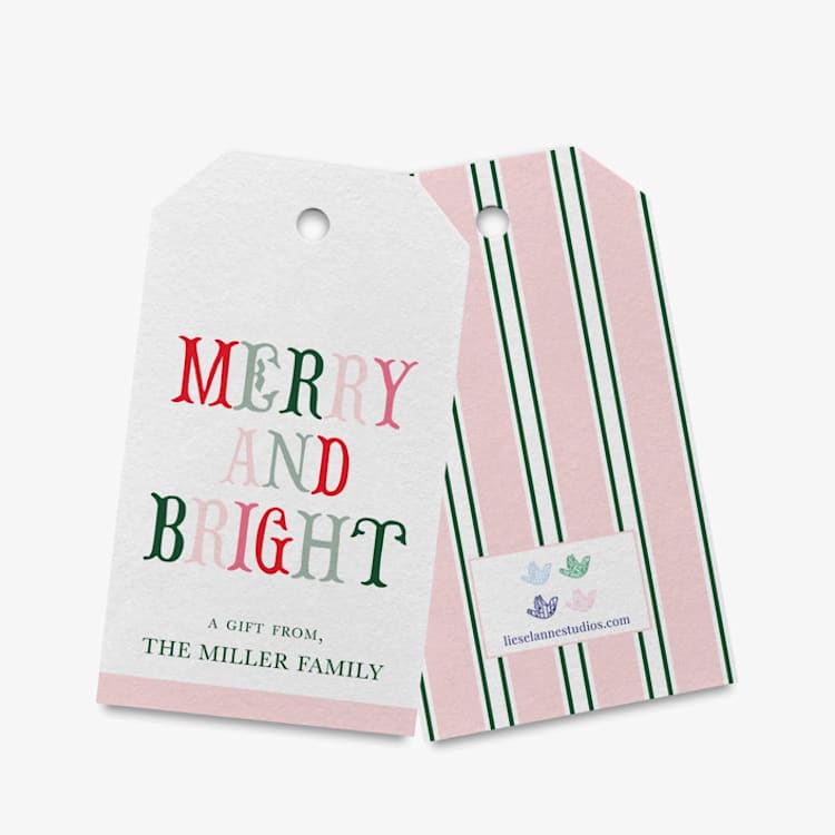 "Personalized Merry and Bright Christmas Gift Tags (Set of 24)" - Holiday Gift Tags in pink by Liesel Anne