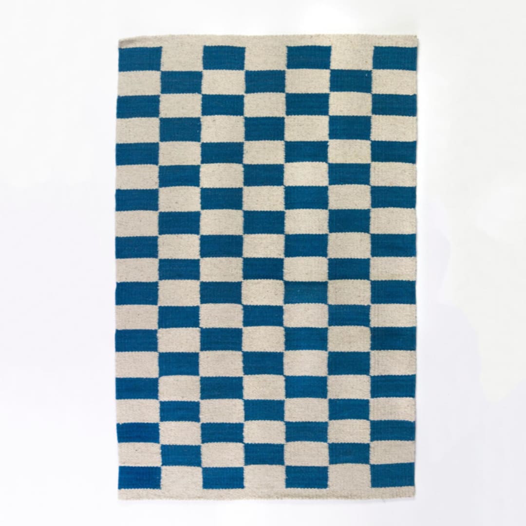 "Zapotec Blue and Ivory Checkered Rug, Size 2'x3'" - Accent Rugs in blue by Archive New York