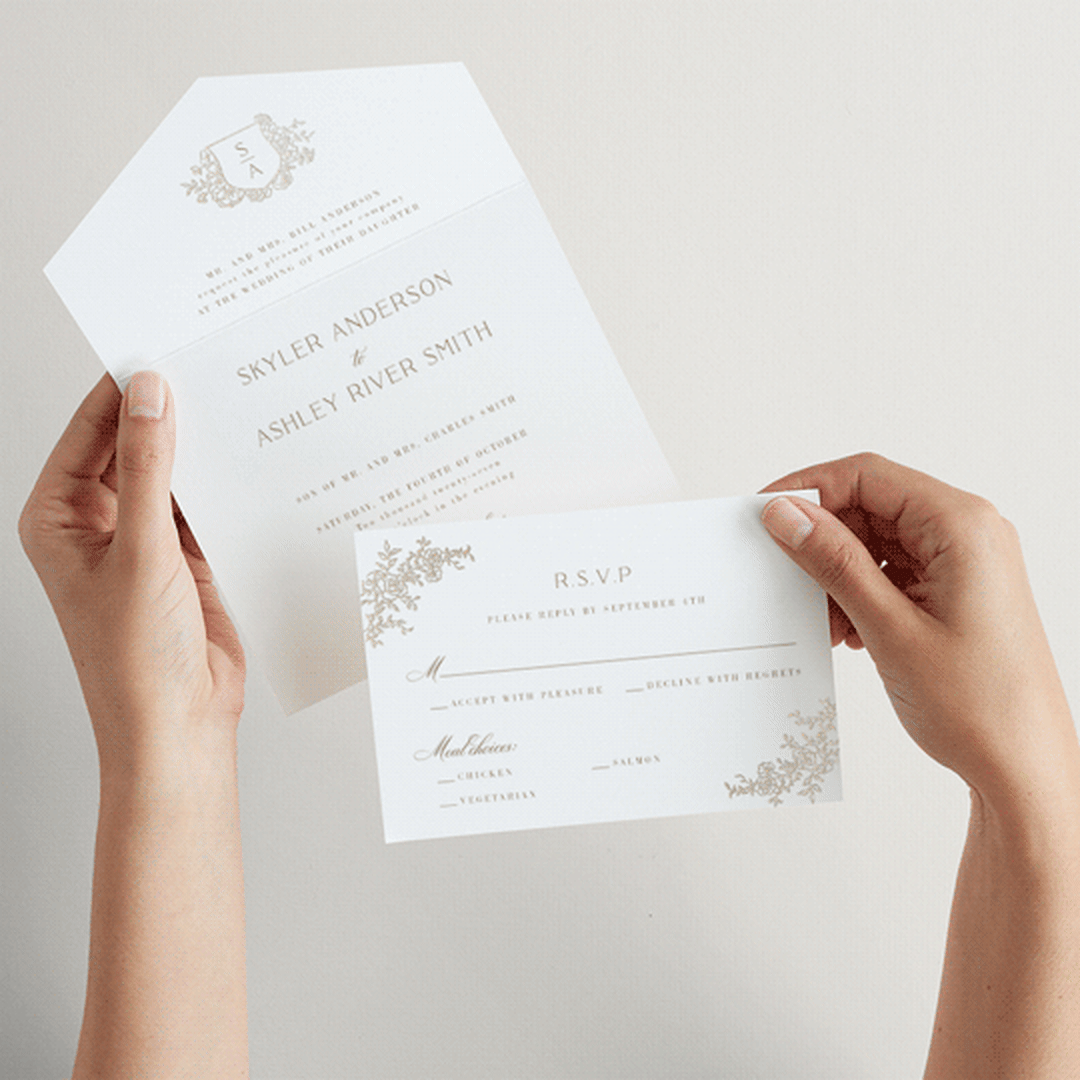 "floral crest" - Savvy Wedding Invitations in Champagne by Cass Loh - Animated View