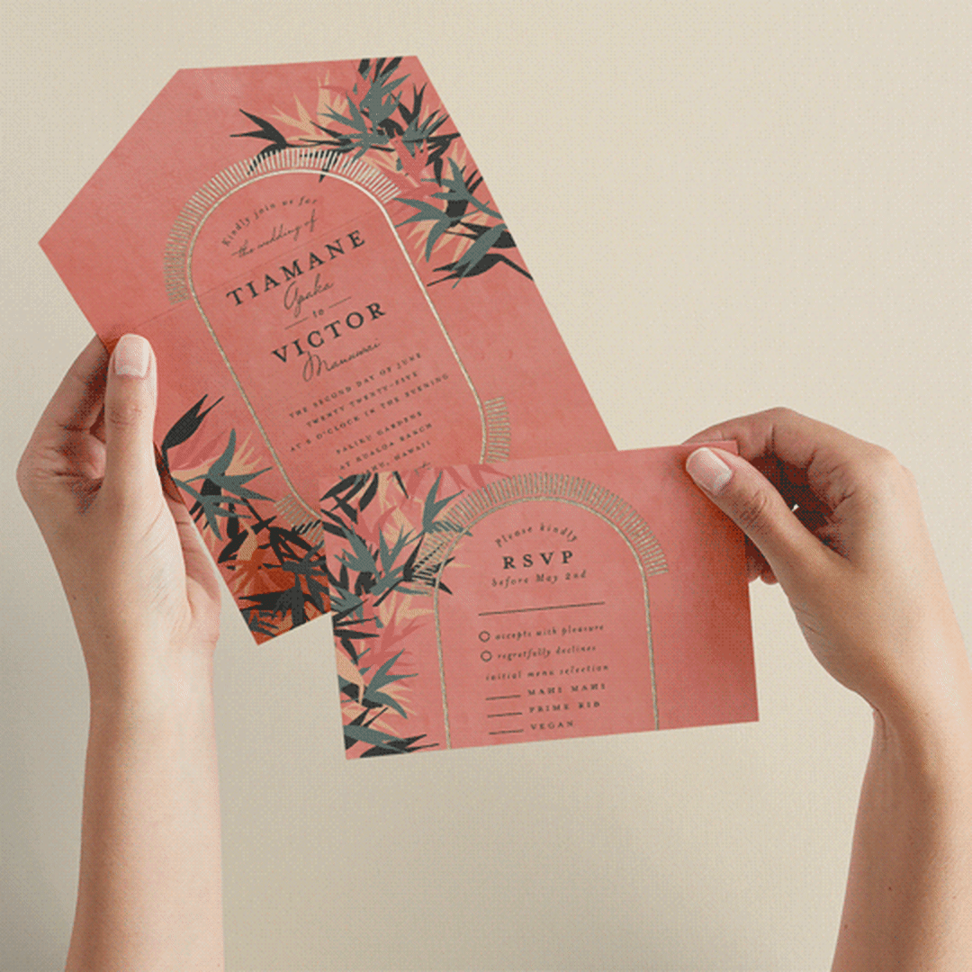 "Birds of Paradise" - Savvy Wedding Invitations in Coral by Julie Hebert - Animated View