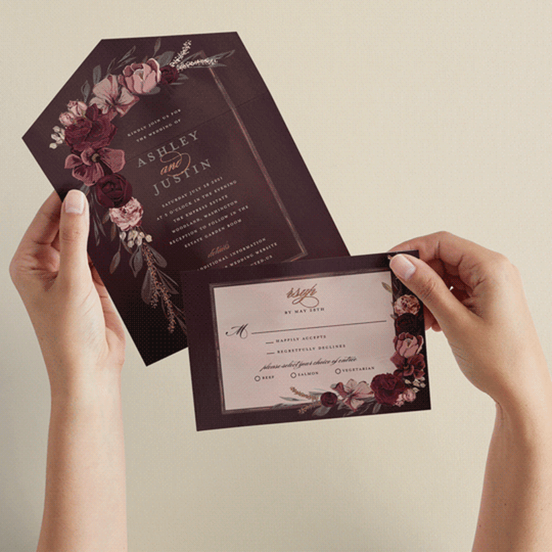 "Verdigris" - Savvy Wedding Invitations in Rose by Susan Moyal - Animated View