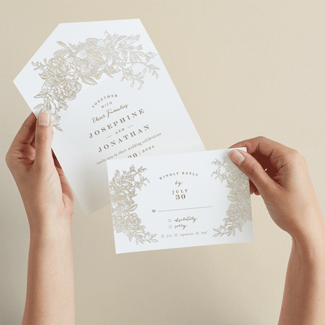 "Engraved Flowers" - Savvy Wedding Invitations in Cotton by Phrosné Barwood - Animated View