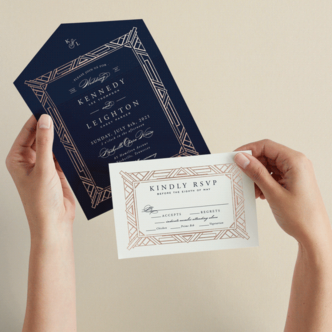 "Opulent Border" - Savvy Wedding Invitations in Dark Navy by Hooray Creative - Animated View