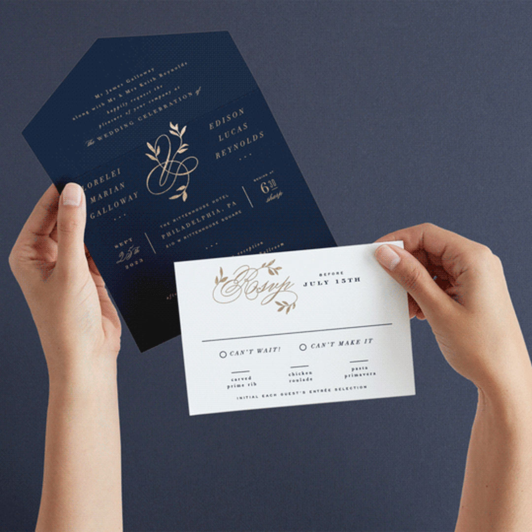 "Botanical Ampersand" - Savvy Wedding Invitations in Navy by Hooray Creative - Animated View