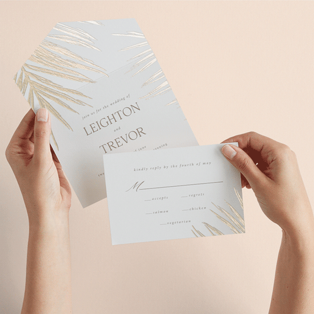"Gilded Palm" - Savvy Wedding Invitations in Sand by Melinda Denison - Animated View