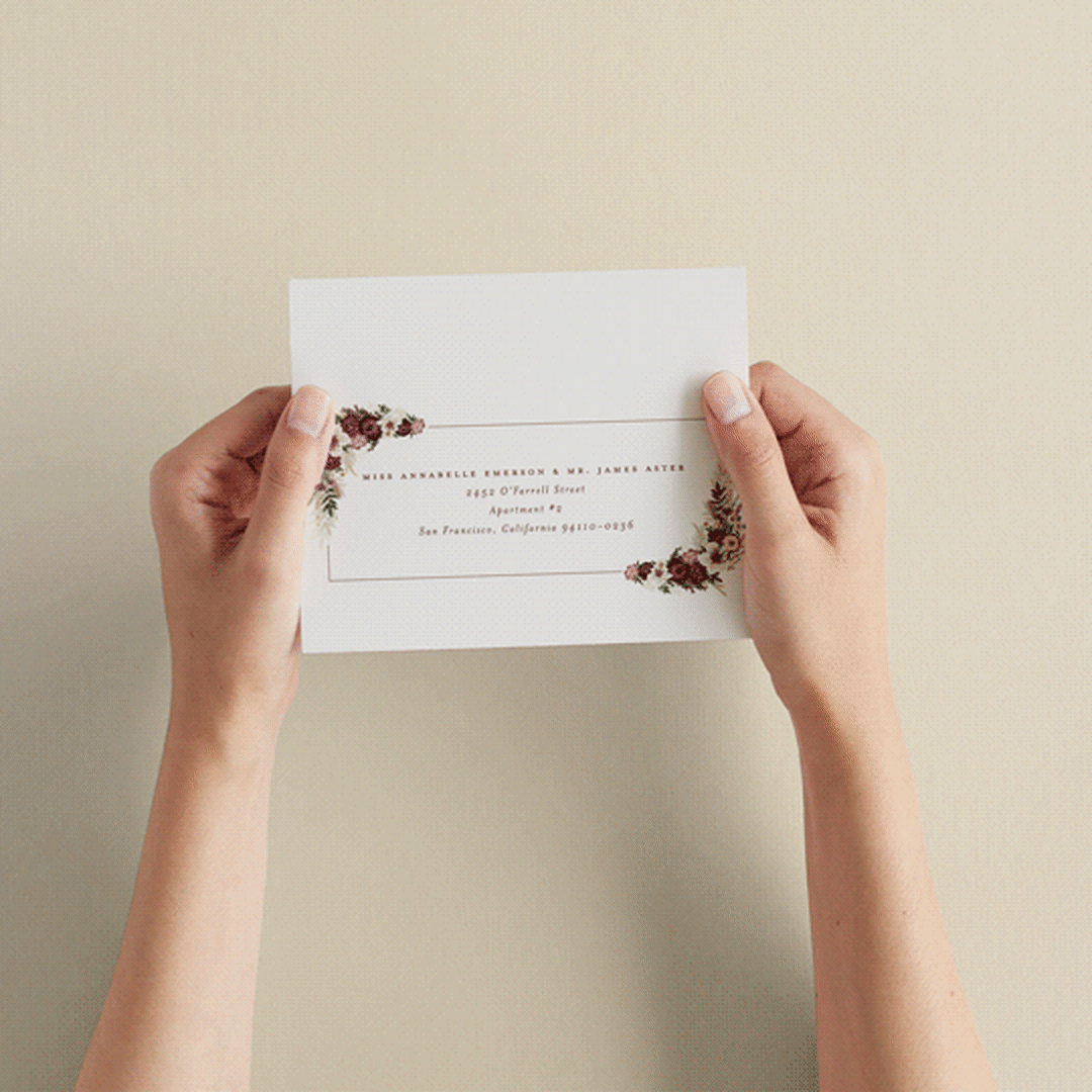 "Dried Floral Wreath" - Savvy Wedding Invitations in Cabernet by Erin Deegan - How it works