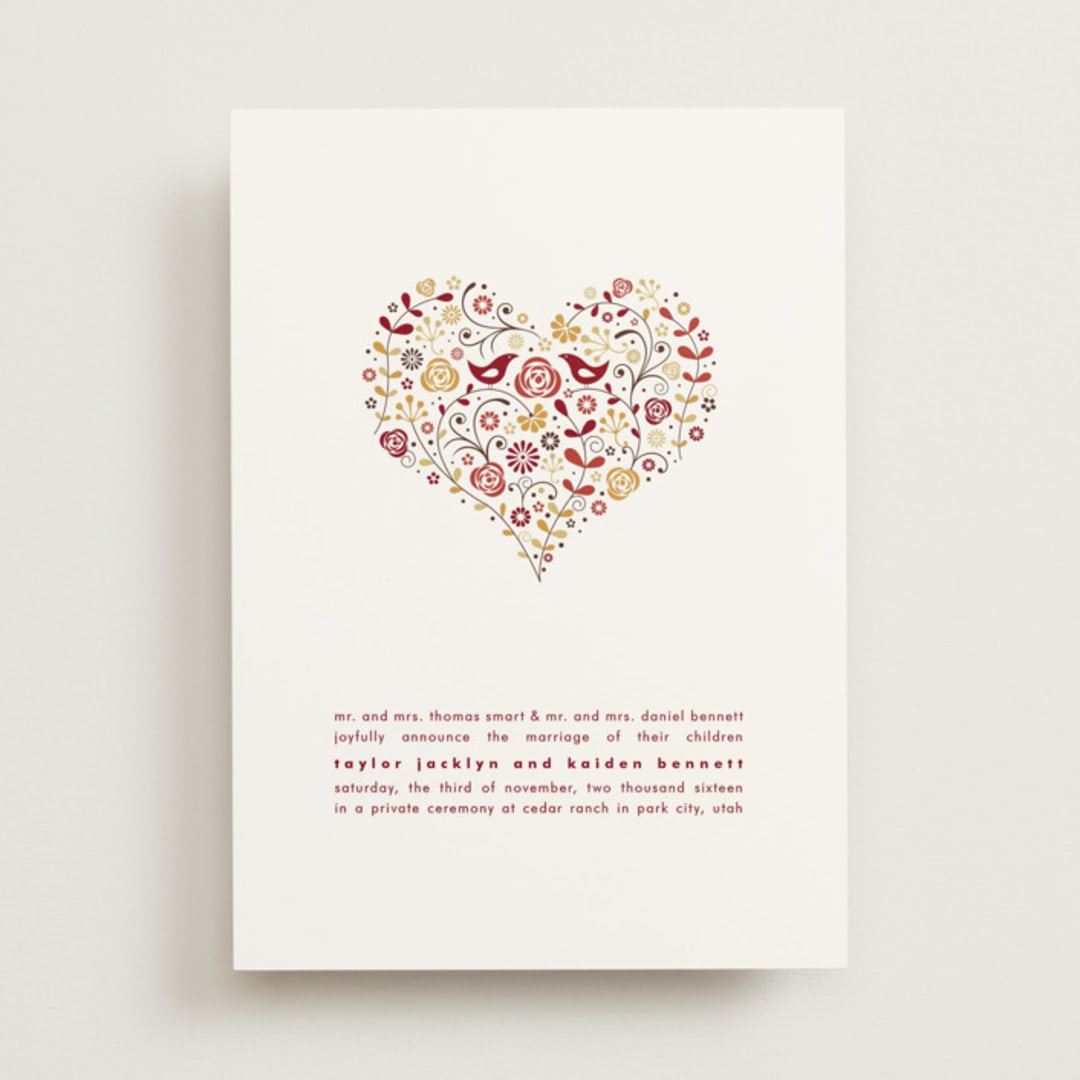 "Love Birds" - Wedding Announcements in Burgundy by Jana Volfova - Front