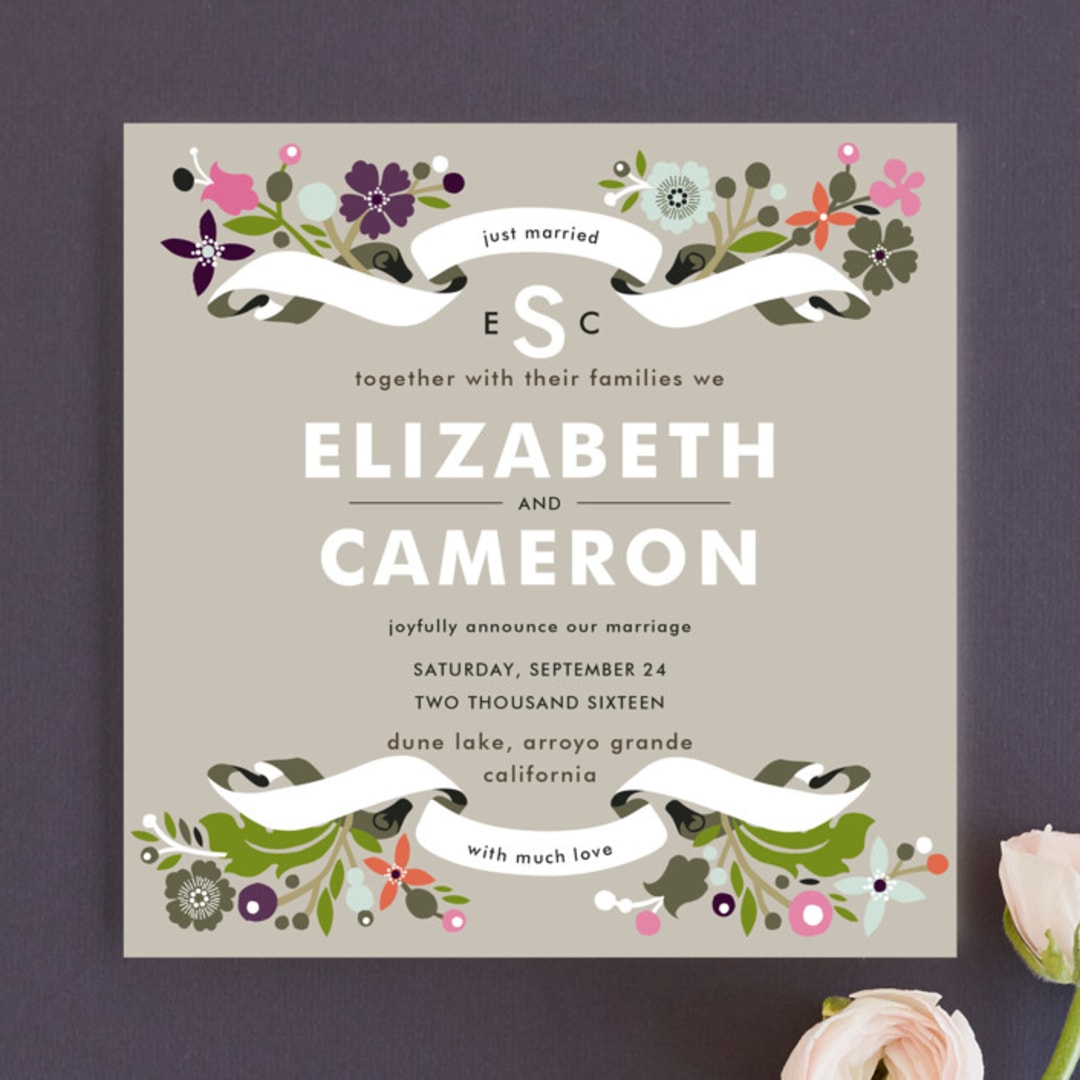 "Banner and Branches" - Wedding Announcements in Soft Beige by Alethea and Ruth - Front