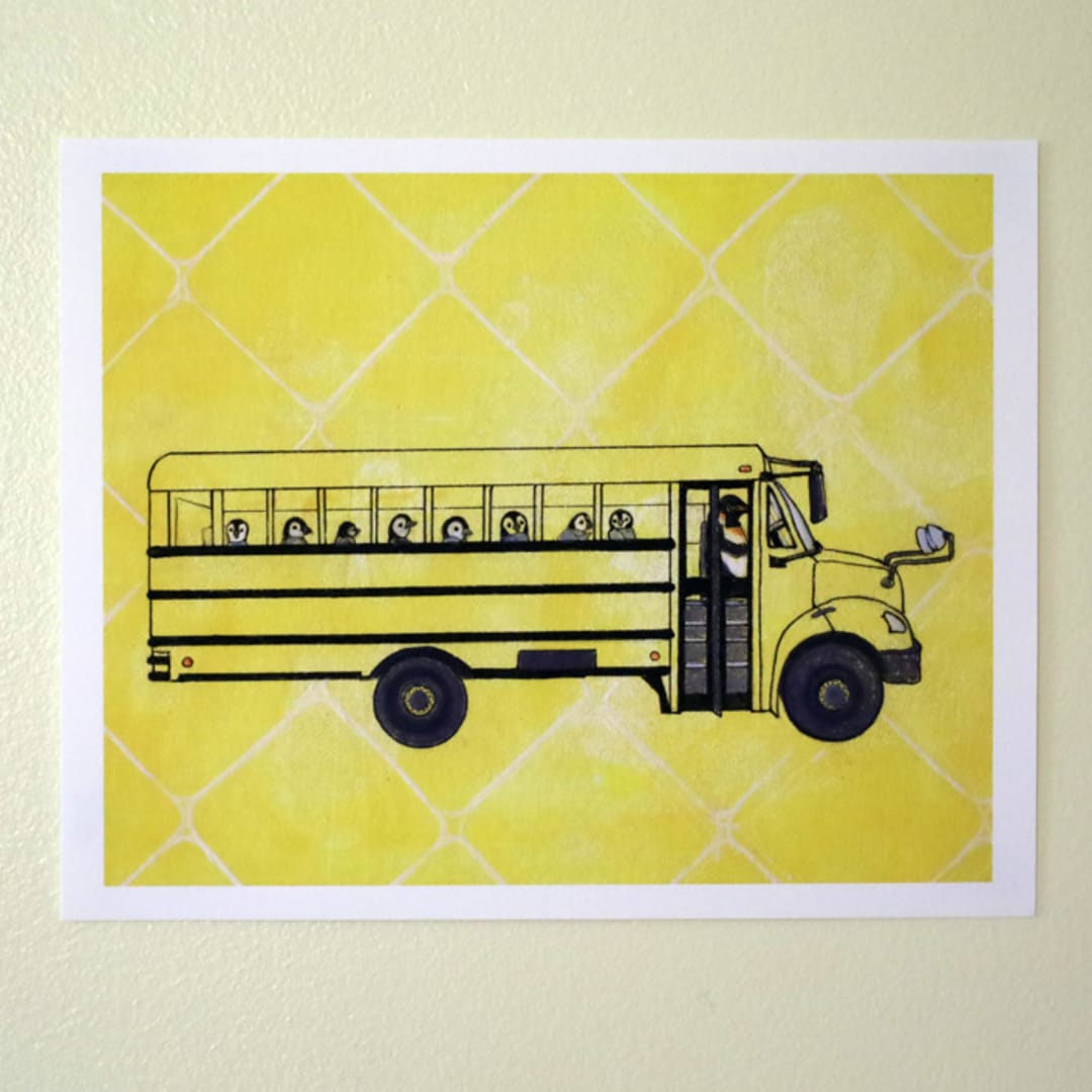 "Penguin School Bus" - Limited Edition Fine Art Print in yellow by Janie Allen