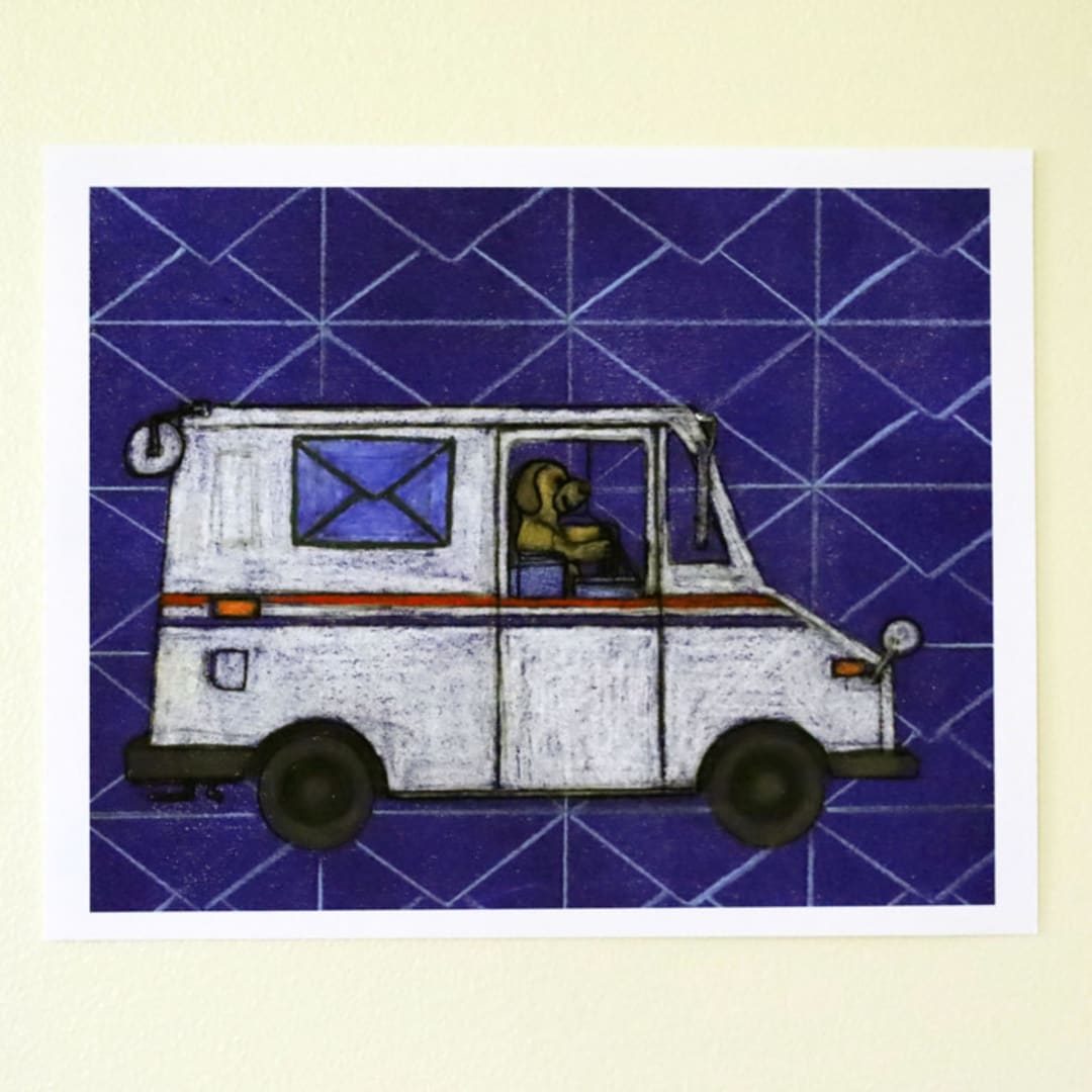 "Mail Dog" - Limited Edition Fine Art Print in blue by Janie Allen
