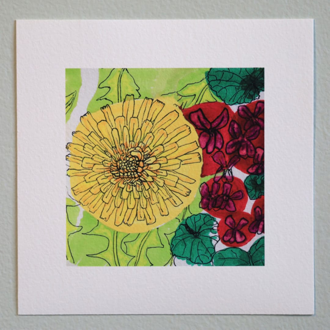 "Garden Sketch Dandelion and Violets" - Limited Edition Fine Art Print in multicolorassorted-colors by Janie Allen