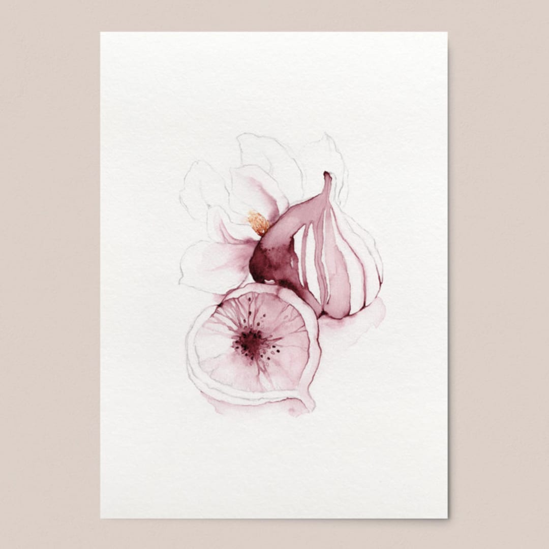 "Purple Figs with Magnolia flower" - Limited Edition Fine Art Print in purple by Angele Kamp