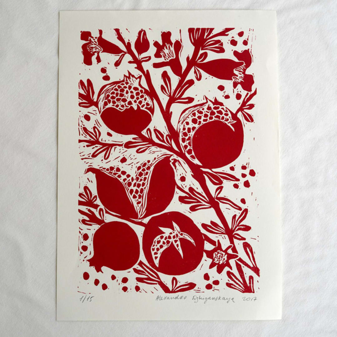"Pomegranates original linocut art print" - Marketplace Art Prints in red by Alexandra Dzh