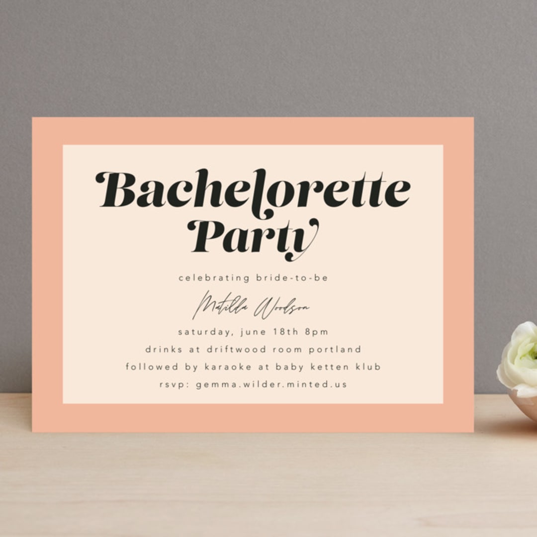 "Label" - Bachelorette Party Invitations in Peach by Morgan Kendall - Front