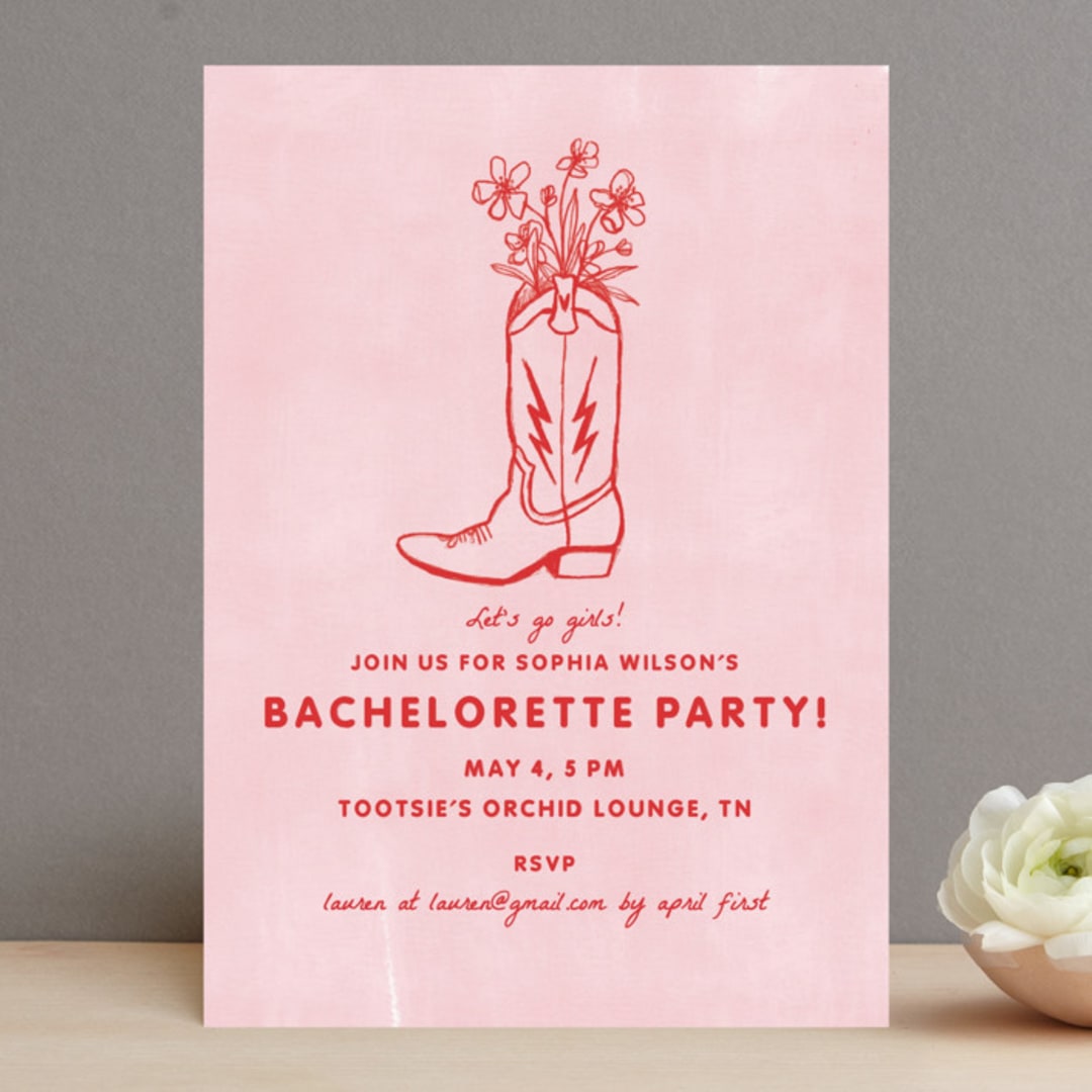 "Party Boots" - Bachelorette Party Invitations in Strawberry by Erin Kessler - Front