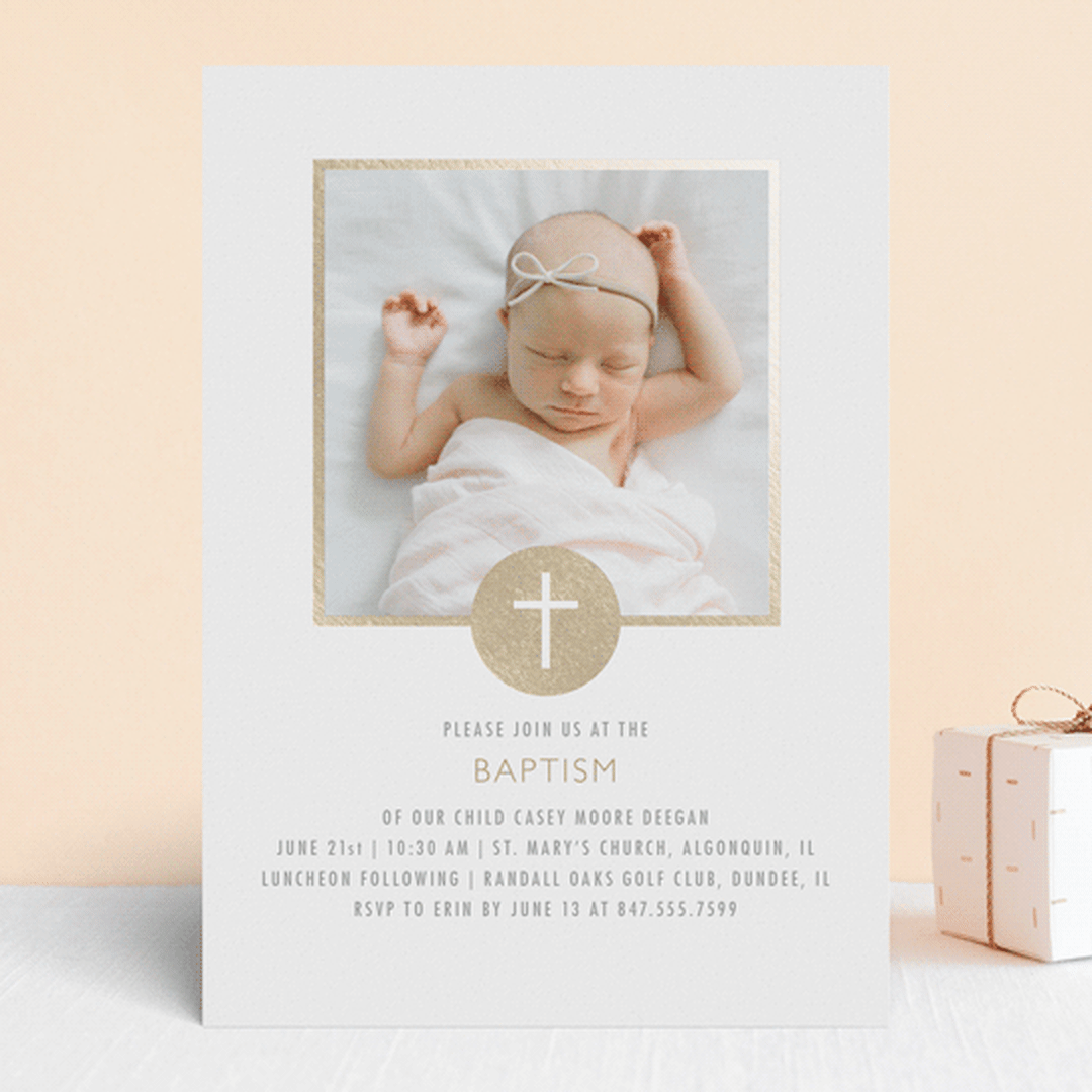 "Golden Cross" - Baptism and Christening Invitations in Champagne by Erin Deegan - Front