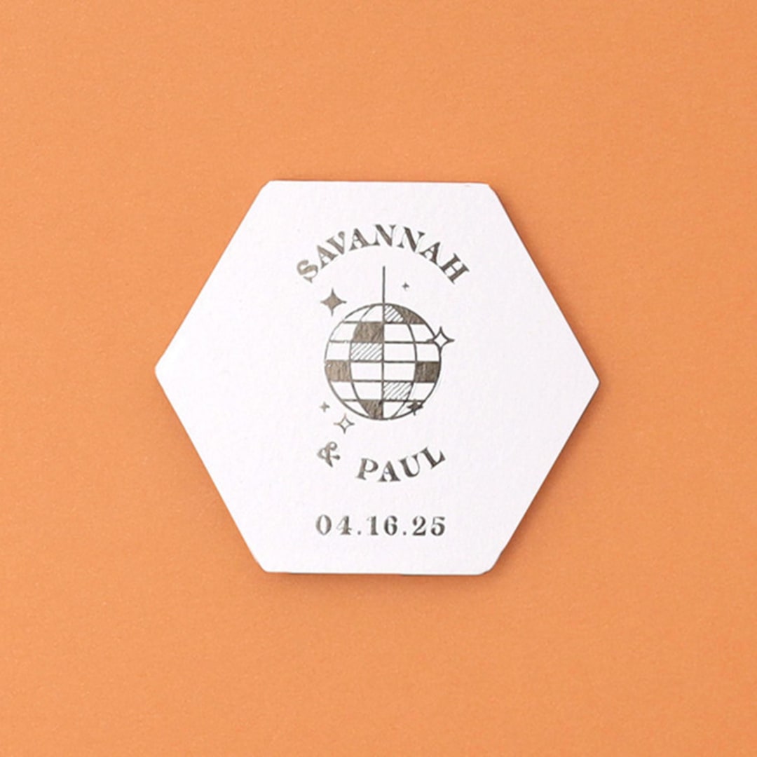 "Custom Retro Disco Ball Coaster, hexagon shape, set of 100" - Barware in white by ForYourParty