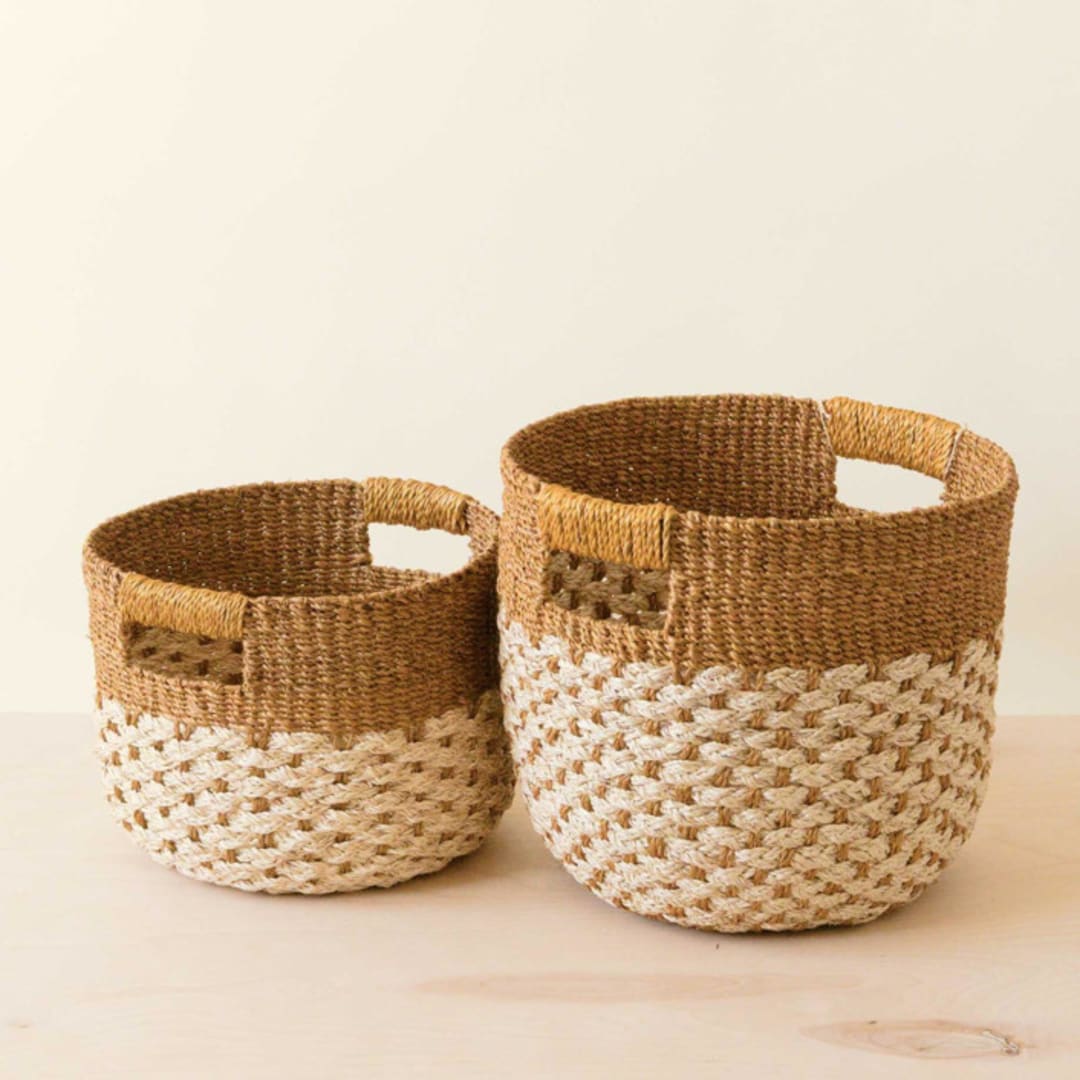 "Natural + Golden Brown Round Bottom Basket, nested set of 2" - Decorative Baskets in gold by LIKHA