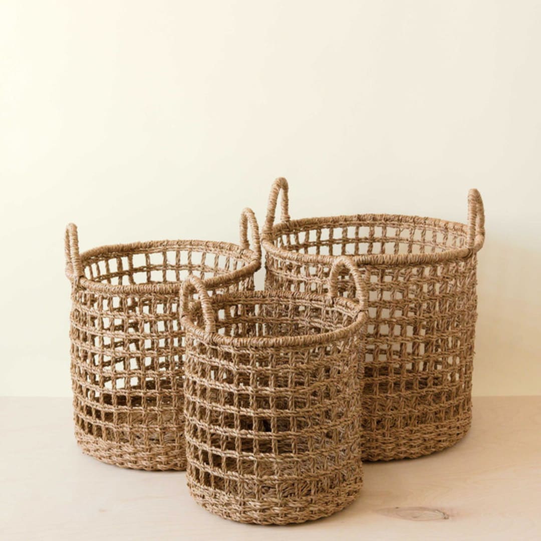 "Seagrass Rope Open Weave Cylinder Basket with handles, nested set of 3" - Decorative Baskets in natural by LIKHA