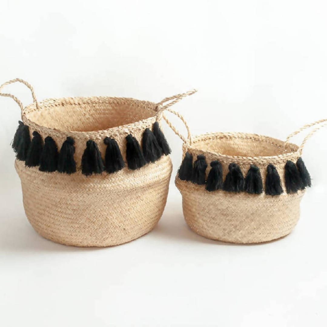 "Black Tasseled Belly Baskets - Medium + Large Set" - Decorative Baskets in black by Powered By People