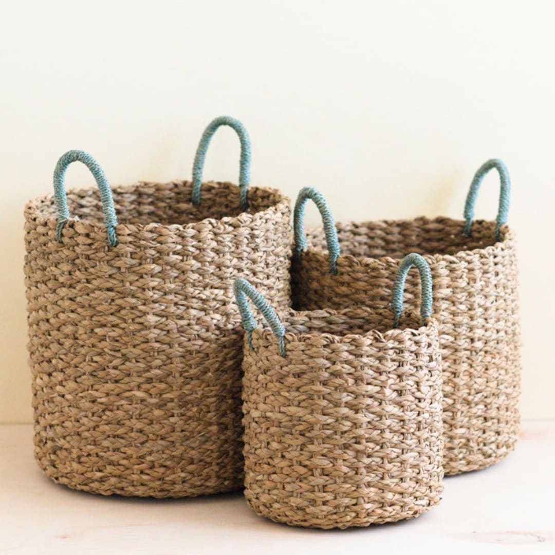 "Sky Blue Seagrass Cylinder Basket with Handles, nested set of 3" - Decorative Baskets in natural by LIKHA