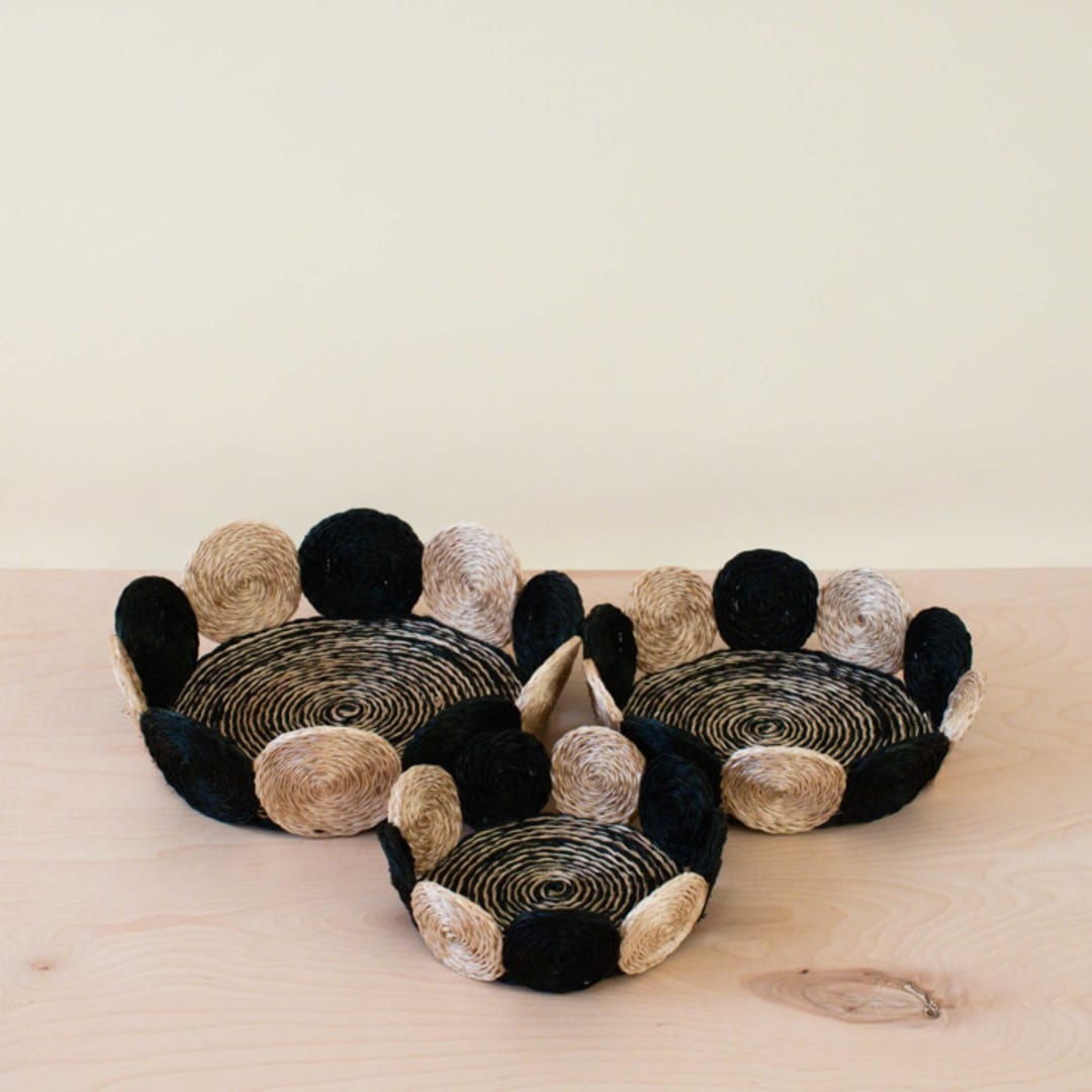 "Black and White Abaca Fruit Basket Circles, set of 3" - Decorative Baskets in black by LIKHA