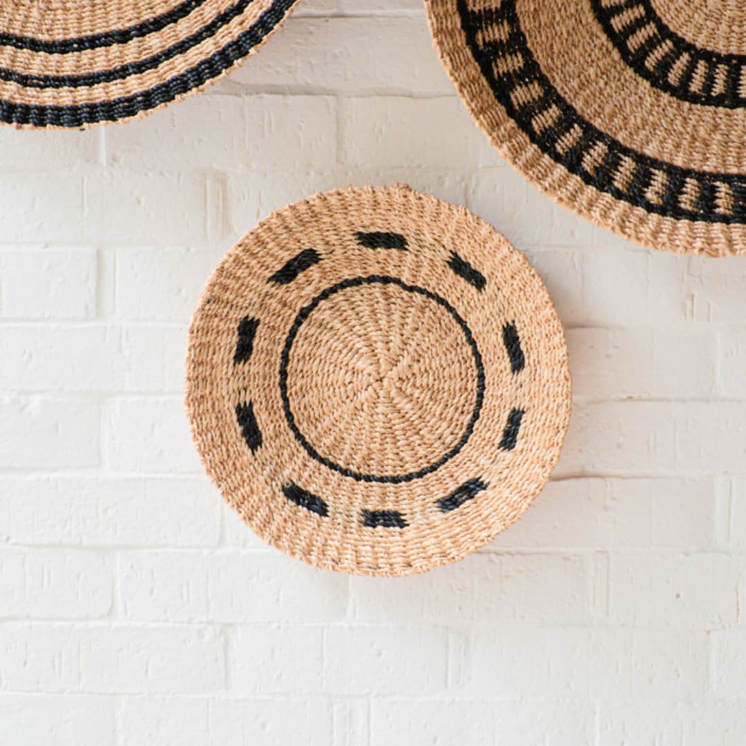 "Small Natural + Black Round Wall Baskets 12"" - Decorative Baskets in black by LIKHA