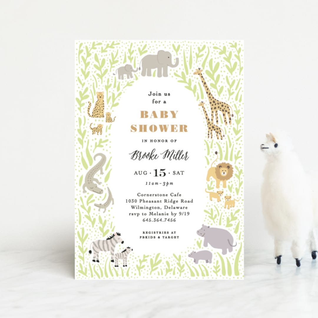"Savannah animals" - Baby Shower Invitations in Sage by Jennifer Wick - Front