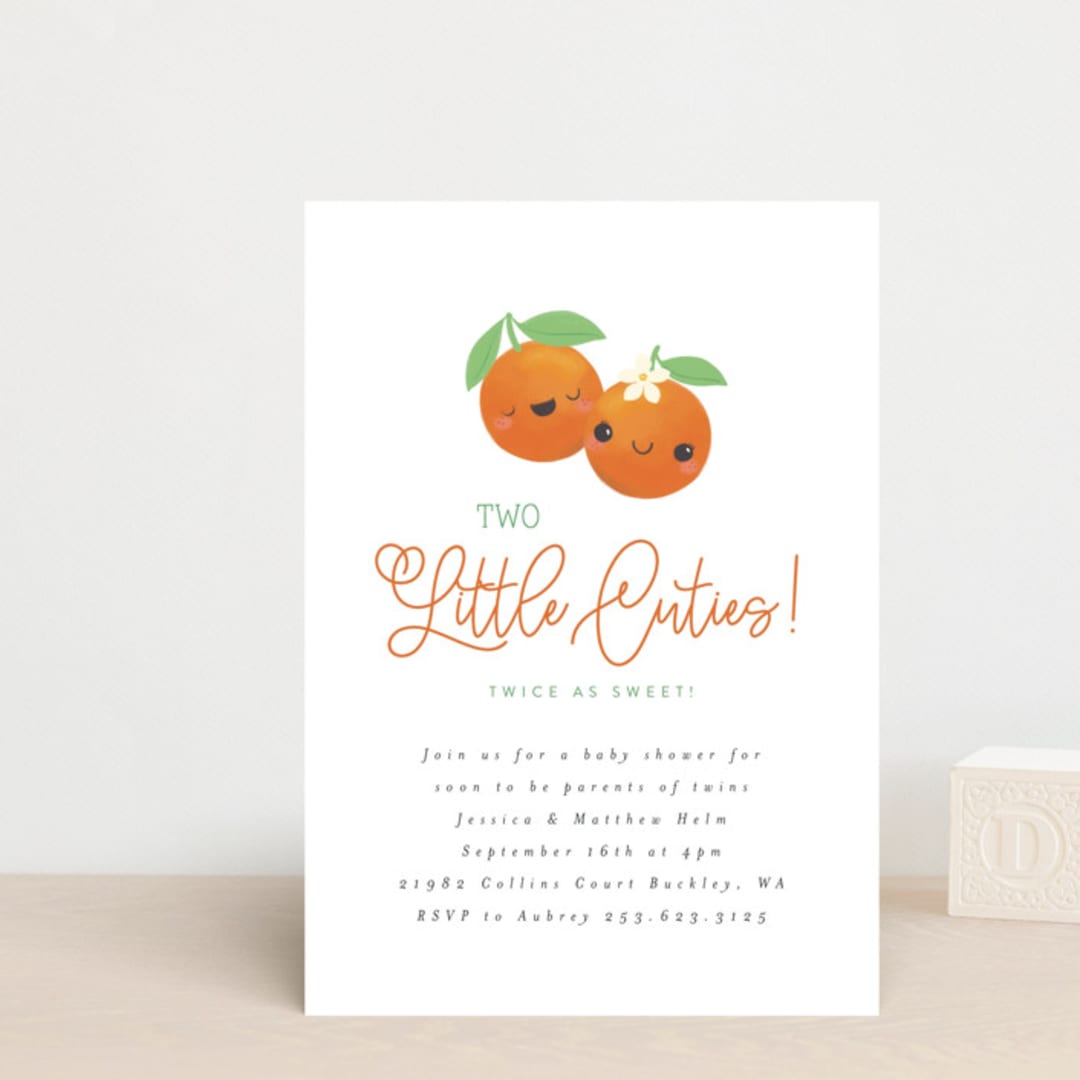"Two Little Cute" - Baby Shower Invitations in Pumpkin by Itsy Belle Studio - Front