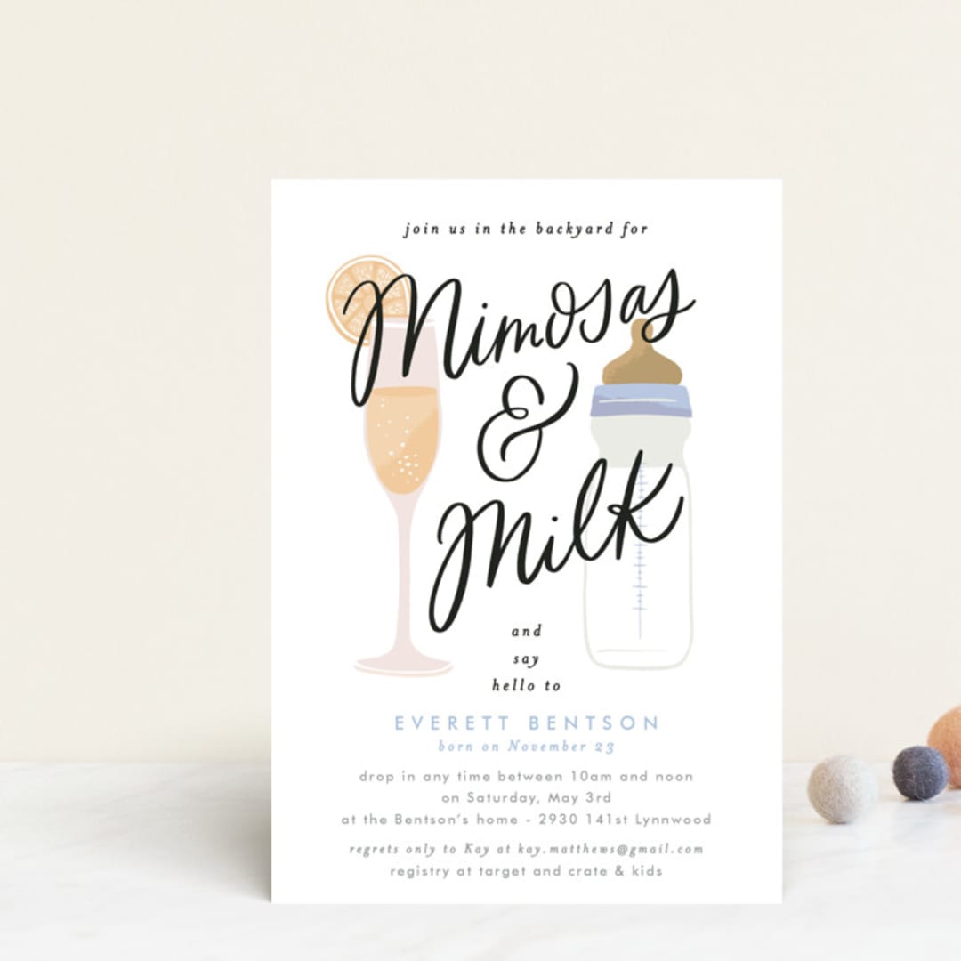 "Mimosas and Milk" - Baby Shower Invitations in Sky by Alethea and Ruth - Front