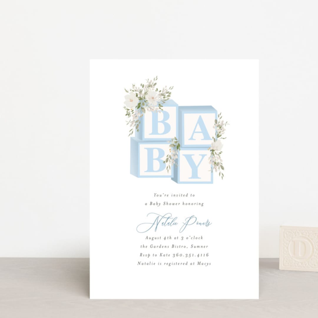 "Botanical Blocks" - Baby Shower Invitations in Baby Blue by Itsy Belle Studio - Front