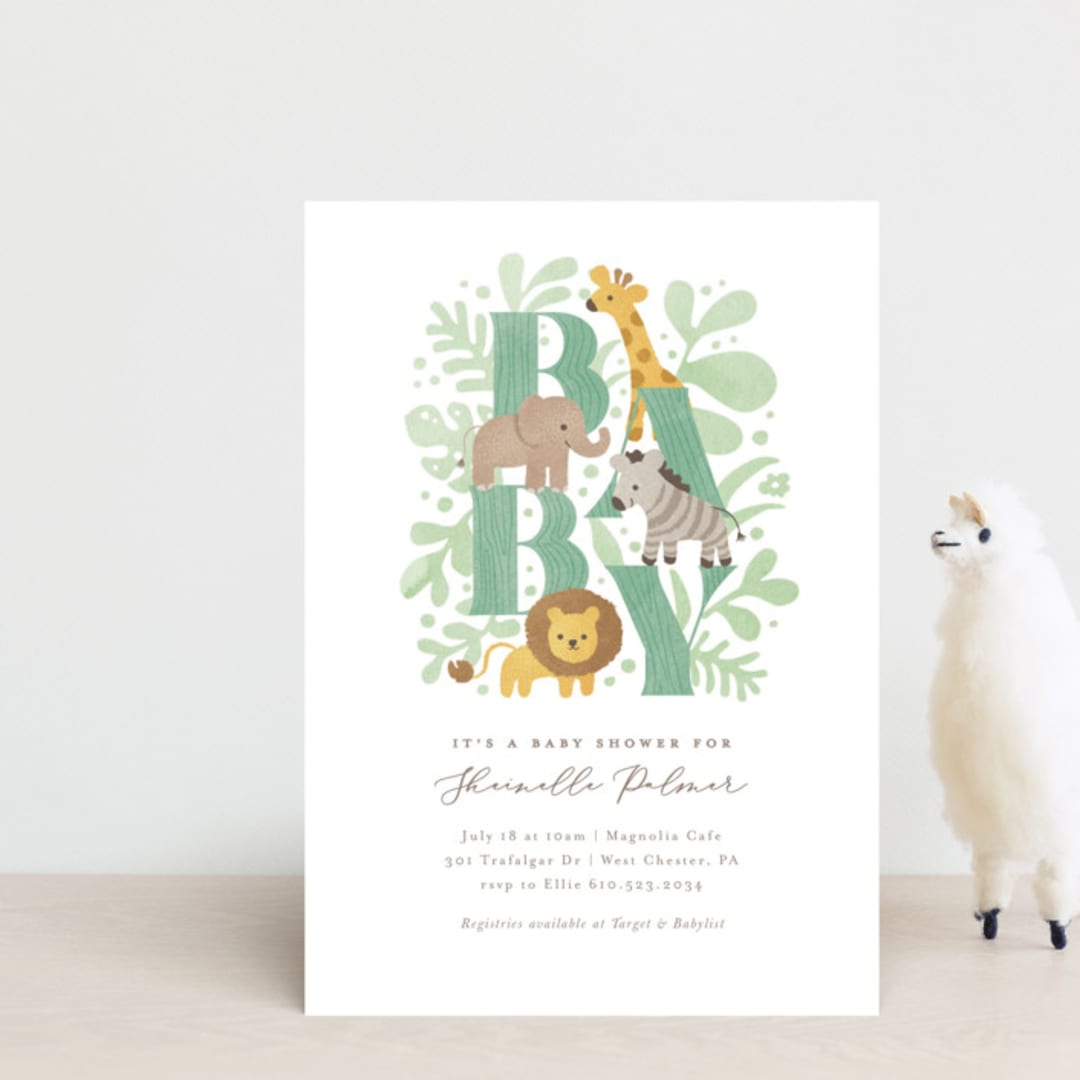 "Petite Safari" - Baby Shower Invitations in Mint by Jennifer Wick - Front