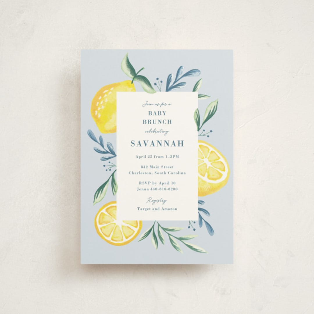 "Lemons" - Baby Shower Invitations in Pale Blue by Megan Cash - Front