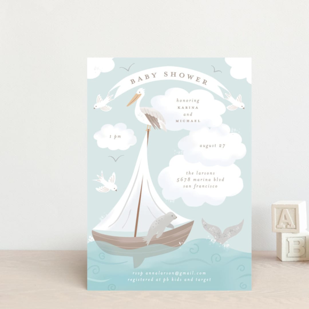 "Little Sailboat" - Baby Shower Invitations in Sky by Jennifer Holbrook - Front