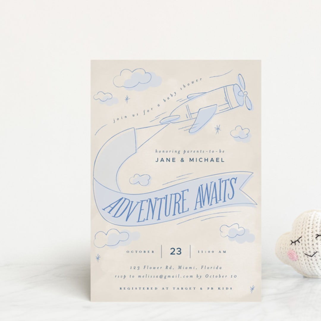 "Fly With Me" - Baby Shower Invitations in Sky by Vera Lim - Front