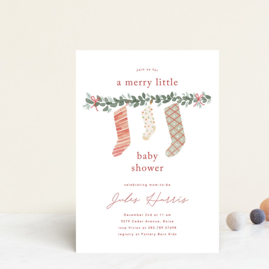 "merry little stockings" - Baby Shower Invitations in Cranberry by Rebecca Durflinger - Front